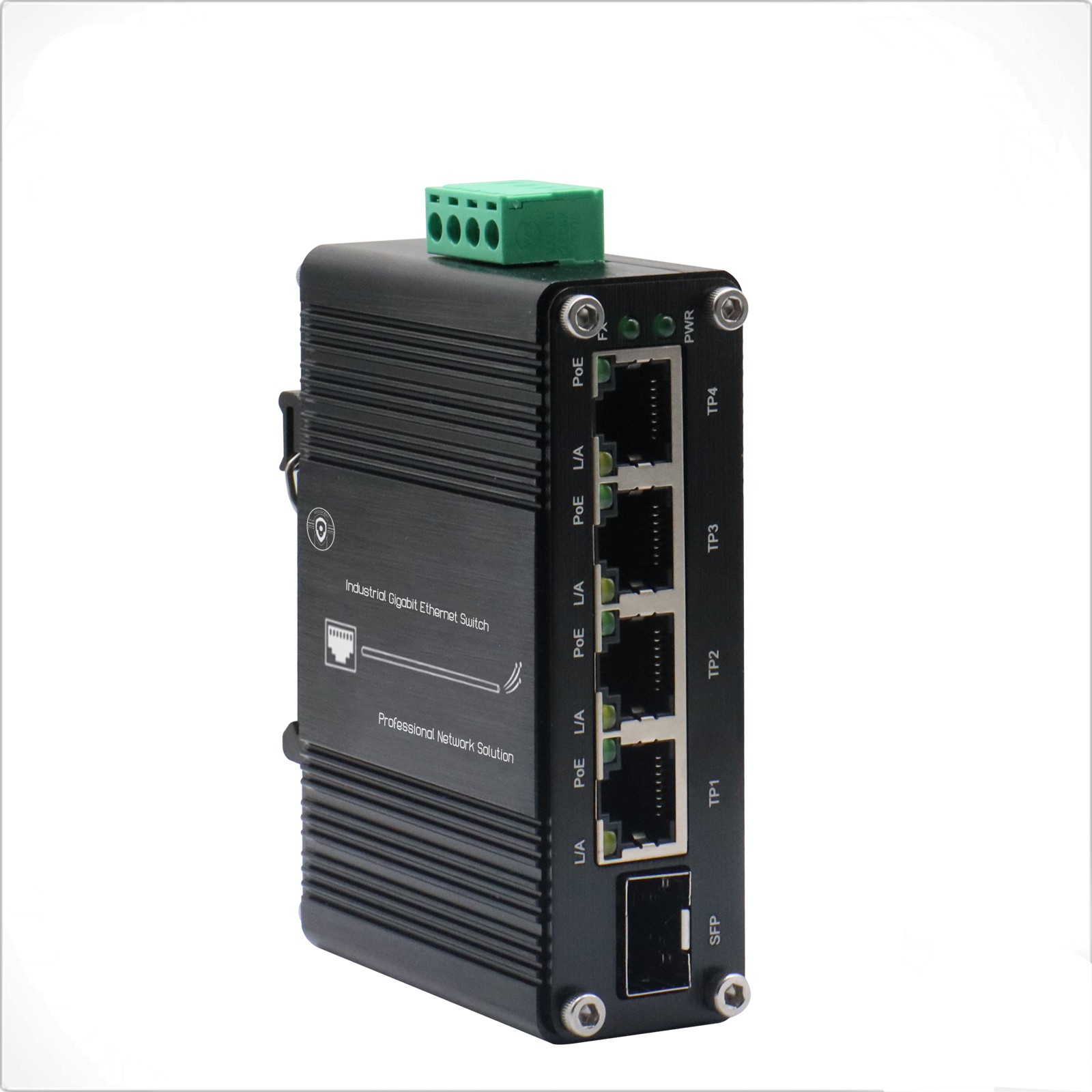 Mini Industrial 4-Port Gigabit PoE Switch + 1-Port SFP, 12-48VDC